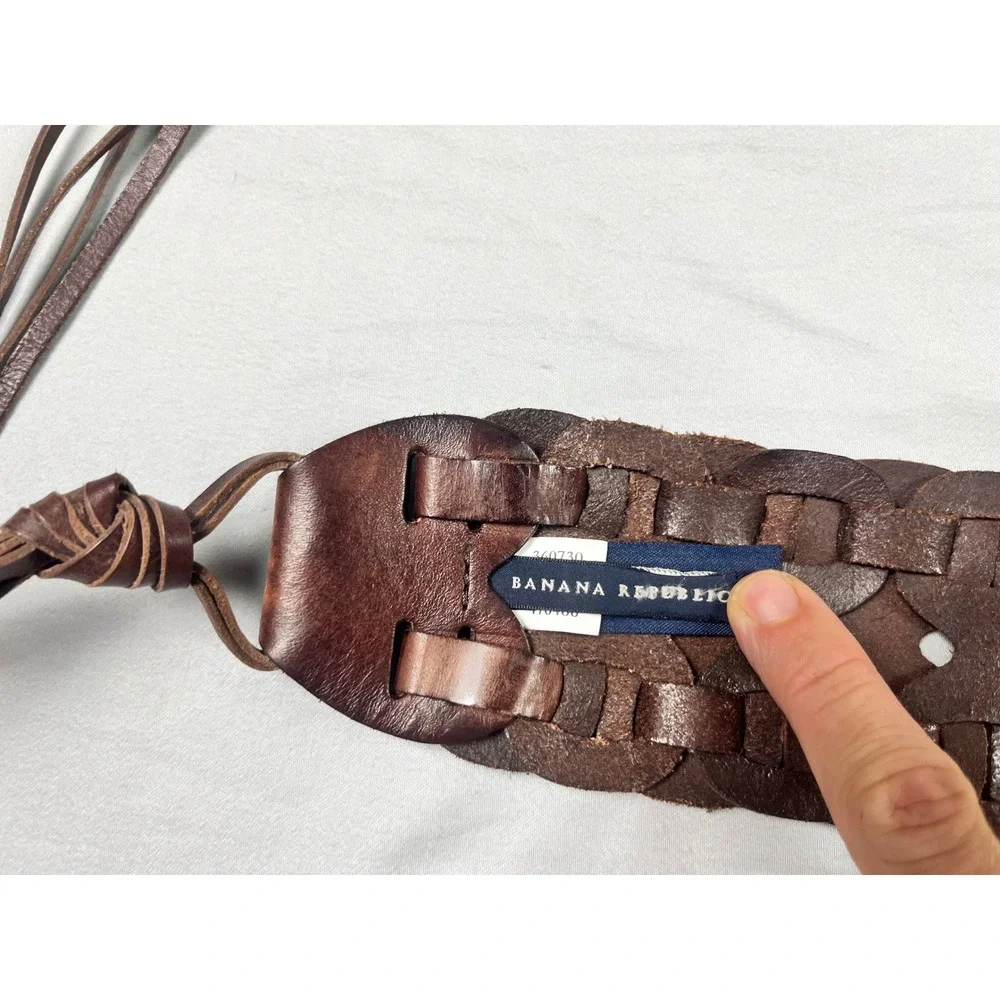 Banana Republic Brown Leather Woven Wide Waist Belt Tie Sash Boho 32in Vintage